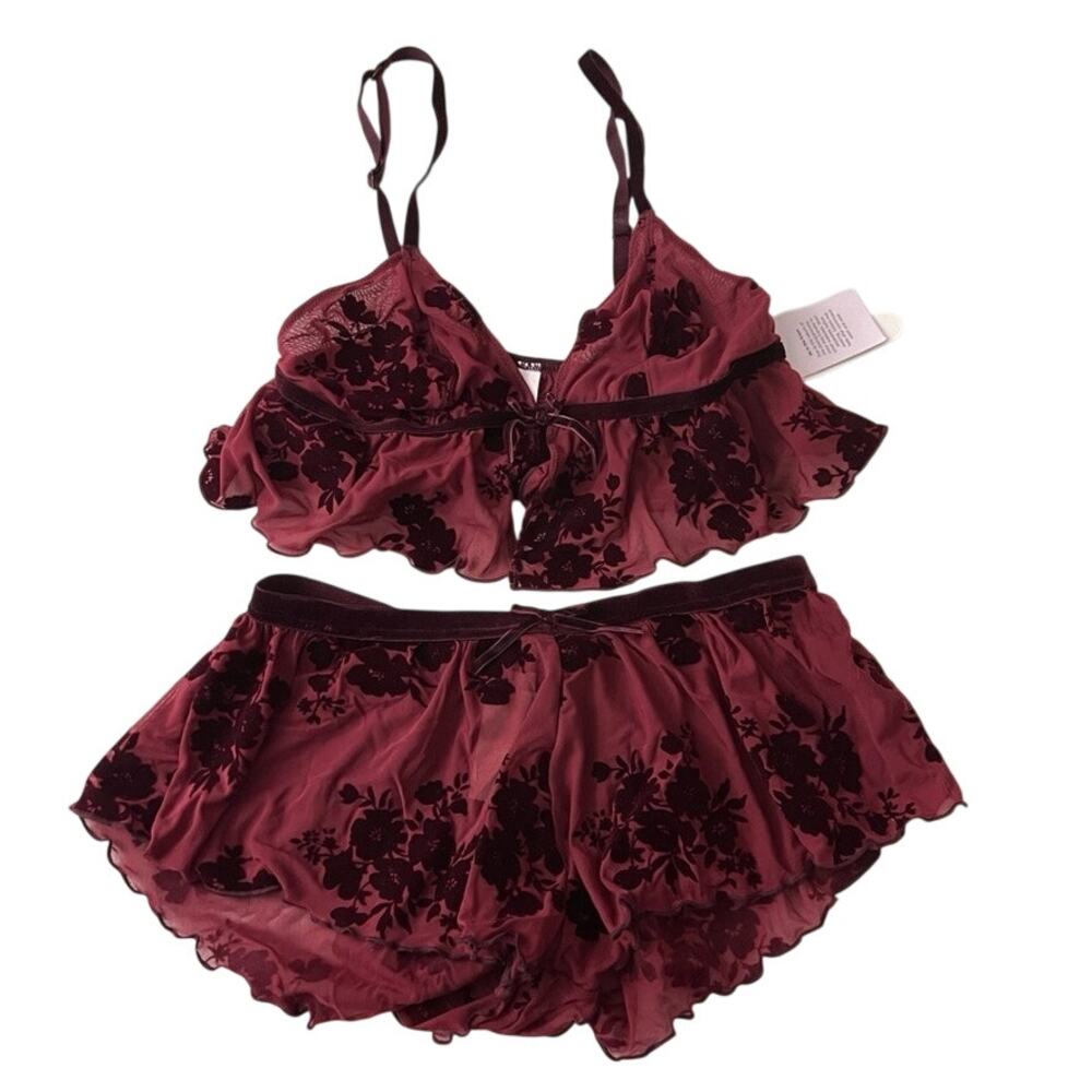 auden Burgundy Velvet Burnout Lingerie Top Bottom Set Size Small NEW